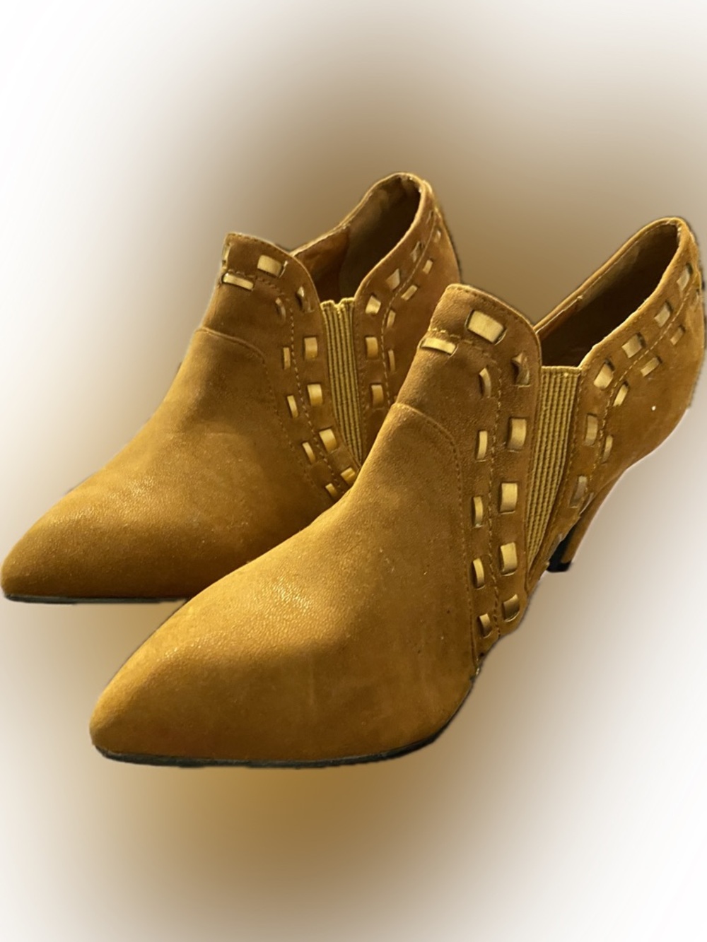 Pointed Suede Ankle Booties with Decorative Cutouts in Tan - Picture 2 of 16